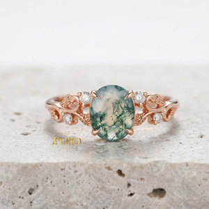 Anillo de Ágata Musgosa Natural, Oro de 10K, Anillo de Compromiso Vintage con Diseño de Enredadera, Ágata Musgosa Verde Ovalada con Detalles de Diamantes - Product Image 2
