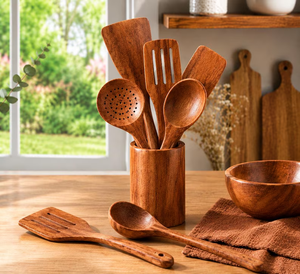 Juego de 9 utensilios de madera de teca con soporte, cucharas de madera artesanales antiadherentes - Product Image 1