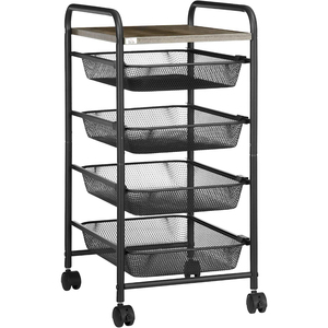 Carrito de Almacenamiento Rodante de 3 Niveles con Superficie de Madera, Cestas Metálicas Extraíbles Blancas, Estante de Almacenamiento para Cocina con Ruedas para el Hogar - Product Image 2