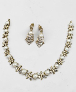 Pearl Studded American Diamond Collar Necklace <b>Set</b> With Earrings Marquise Cut Stone Antique <b>Gold</b> Plated <b>Jewellery</b> <b>Set</b> Wholesaler - Product Image 1