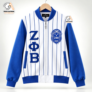 Veste universitaire pour femmes Zeta Phi Beta Sorority, rayée bleu et blanc, manches longues, fermeture éclair sur le devant, coupe classique - Product Image 4