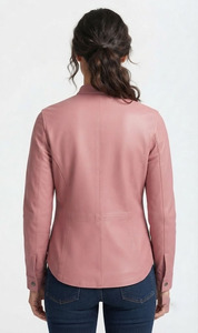 Chemise élégante pour femmes en cuir PU rose, cuir de vachette de qualité supérieure, mode décontractée, manches longues, fermeture à boutons pression, coupe ajustée, haut en cuir - Product Image 2