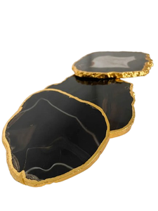 Premium Quality Polished Black <b>Agate</b> Slice <b>Coasters</b> with Gold Edge Free Form Reusable Home Decor Gemstone Craft - Product Image 1