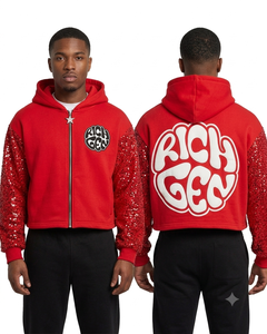 เสื้อฮู้ดครอปผู้ชาย Rich Gen แบบมีซิปด้านหน้าและด้านหลัง โลโก้ปักเลื่อมที่แขน สไตล์สตรีทแวร์ ผ้าฟลีซทรงโอเวอร์ไซส์ เสื้อฮู้ดสำหรับฤดูใบไม้ร่วง - Product Image 2