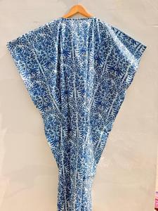 Blue Floral Print <b>Kaftan</b> Dress Women Sleeveless Maxi Loose Fit V-Neck Wrap Tie <b>Summer</b> Casual Woven Cotton Dress - Product Image 4