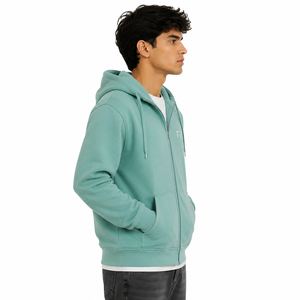 Sudadera con capucha y cremallera para hombre, personalizada al por mayor, de color liso, forro polar, corte regular, mezcla de algodón, con logo bordado frontal - Product Image 2