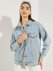 <b>Women</b> <b>Light</b> Blue Denim <b>Jacket</b> Oversized Trucker Jean Coat Ladies Fashion Loose Fit Outerwear Classic Button Up Denim Top - Product Image 3