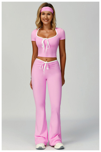 Conjuntos Deportivos de 2 Piezas para Mujer con Ribete Blanco, Tops de Manga Corta y Leggings Anchos, Conjuntos Deportivos Populares para Gimnasio, Yoga y Fitness - Product Image 3