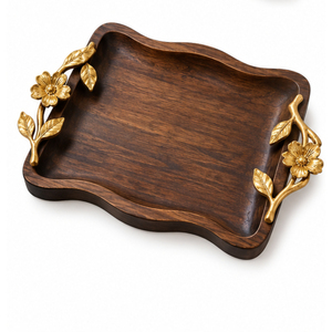Bandeja Redonda de Madera de Lujo con Asas Metálicas Florales Doradas, Bandeja Decorativa de Madera Premium Hecha a Mano para Sala de Estar - Product Image 4