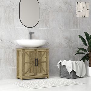 Mobiletto da bagno con lavabo a colonna in stile rustico, grigio chiaro, 30 cm di larghezza, con 2 ante scorrevoli e ripiano regolabile - Product Image 2