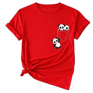 T-shirt unisexe rouge à manches courtes avec imprimé panda sur la poche, haut décontracté d'été 100% coton, design cartoon, logo sur le devant - Product Image 1
