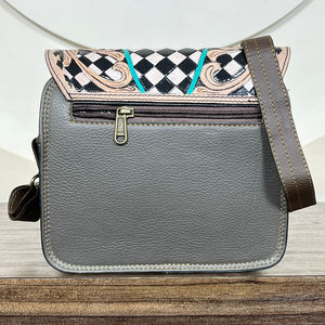 Best Selling Tooled Cow Leather Square Crossbody Shoulder Handbag for Women Designer Floral & Checkered Pattern Messenger Purse - Product Image 5