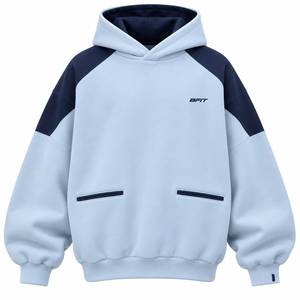 <b>Men</b>’s Oversized Ice Blue <b>Navy</b> <b>Fleece</b> Pullover Hoodie with Embroidered Logo Contrast Shoulders and Welt Pockets - Product Image 1