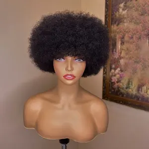 Peluca de cabello humano Afro para mujeres negras, pelo Afro rizado corto con flequillo, hecha a máquina, 100%