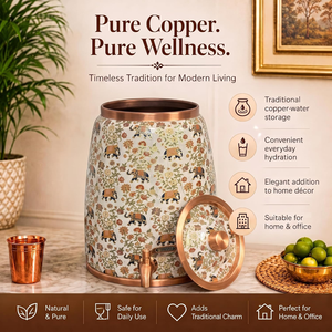 Distributeur d'eau décoratif en cuivre pur avec robinet, pot à eau en cuivre imprimé avec couvercle, pot de stockage de boissons traditionnel pour la maison - Product Image 2
