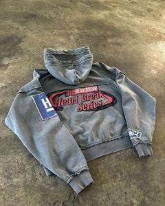Vintage Washed 100% Cotton Hoodies Custom Applique logo Embroidery Patched Mens Heavyweight Double Layer <b>Hooded</b> Hoodie - Product Image 2