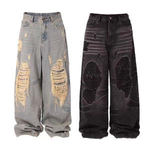 กางเกงยีนส์ทรงแบ็กกี้ฟอกสีแบบดิสเทรส คุณภาพสูง ผ้าฝ้าย 100% กางเกงยีนส์เดนิมสองชั้นสำหรับผู้ชาย กางเกงคาร์โก้ยีนส์ฟอกสี - Product Image 1