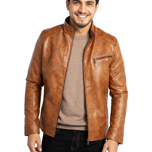 High Street Style Winter Sports Leather <b>Jacket</b> <b>Warm</b> Long Sleeve Outwear Stand Collar Front Logo Solid Color <b>jacket</b> for <b>men</b> - Product Image 1
