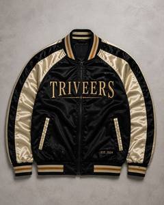 TRIVEERS Custom Black Gold Satin Varsity <b>Jacket</b> Premium Embroidered Autumn Wear Satin Bomber <b>Jacket</b> OEM Factory Supply 2026 - Product Image 1