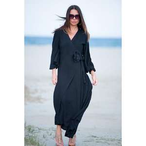 ชุดเดรสยาวสีดำแบบพันรอบตัวสำหรับผู้หญิง ดีไซน์หรูหรา เป็นมิตรกับสิ่งแวดล้อม ทรงเข้ารูปช่วงเอว แขนยาว สไตล์คาฟตัน เรียบง่าย เหมาะสำหรับงานกลางคืน - Product Image 1