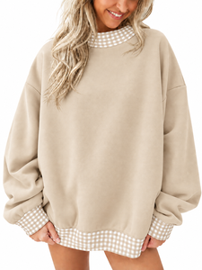 Casual Mockneck <b>Top</b> Gingham Trim Sweatshirt <b>Long</b> <b>Sleeve</b> Pullover Design Loose Comfortable Fit Everyday Fashion Clothing - Product Image 6