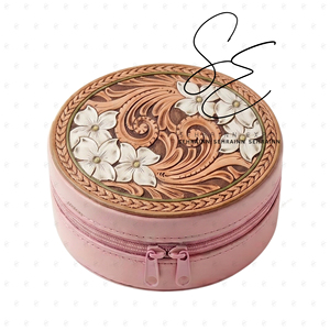 Caja de Joyería Redonda de Cuero Repujado Rosa, Estuche de Viaje con Cremallera y Diseño Floral Blanco, Organizador Estilo Western, Personalizable OEM al por Mayor - Product Image 2