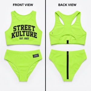 Traje de Baño para Mujer, Nylon y Spandex Acanalado, 220 GSM, Verde Neón, Top Corto, Conjunto de Bikini, Logotipo Personalizado con Serigrafía, Calidad Premium Deportiva - Product Image 1