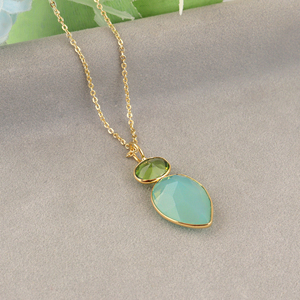 Double gemstone necklace green opalite & peridot quartz briolette pendant 18k gold plated brass <b>cable</b> chain jewelry for Supplies - Product Image 6