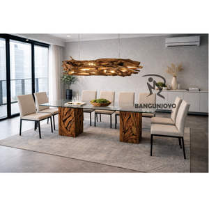 โต๊ะรับประทานอาหารไม้สักทันสมัยพร้อมท็อปกระจกและโคมไฟแขวนสำหรับห้องรับประทานอาหารในโรงแรม - Product Image 4