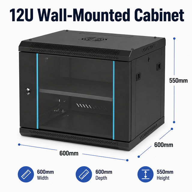 12U 600x600mm Wall Mounted Network Cabinet 19 Inch SPCC Steel Server Rack Cabinet Glass Mesh Door Custom for Data Center Room