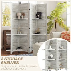 4-Panel 67\" Tall Distressed White Wood Privacy <b>Screen</b> Room Divider 3 Shelves <b>Folding</b> Storage for Bedroom Traditional Design - Product Image 4