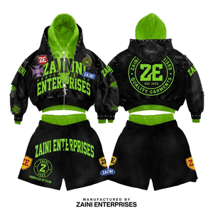 Premium 340g Polyester/Cotton Blend Fleece Black Lime Green Breathable Men's Winter Pullover Hoodie Short <b>Set</b> Custom Printed - Product Image 1