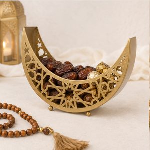 Classic <b>Gold</b> Iron Crescent Moon <b>Serving</b> <b>Tray</b> for Ramadan Kareem Decoration Metal Eid Mubarak Dessert Platter & Date Holder - Product Image 3