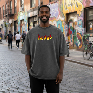 Best Oversized Men's T-<b>Shirt</b> Gray <b>Flame</b> Brand Print Street Style Short Sleeve O-Neck Cotton Tee Regular Fit Front Logo Design - Product Image 1
