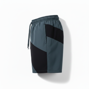 Shorts de bain brodés pour hommes à motif géométrique, séchage rapide, taille à cordon, décontractés, bleu foncé, noir, logo doré sur le devant - Product Image 3