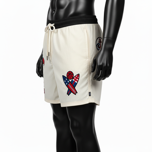 Shorts de baño para hombre de microfibra de poliéster de 150 GSM, color beige, de secado rápido, con cintura elástica y logotipo bordado personalizado. - Product Image 5