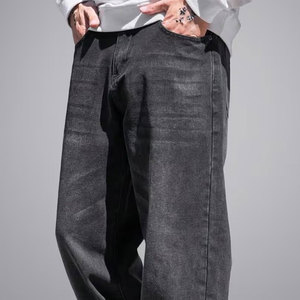 Pantalon en jean de coton délavé pour homme, coupe droite, taille élastique, décontracté, noir délavé, en toile mi-lourde, pour l'automne - Product Image 5