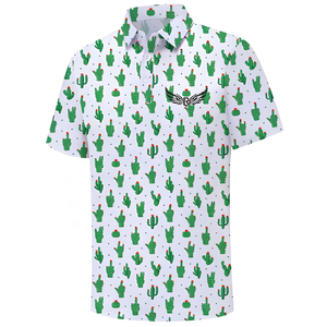 เสื้อเชิ้ตแขนสั้นลายกระบองเพชรสำหรับผู้ชาย ทรงปกติ ระบายอากาศได้ดี ผลิตจากผ้าโพลีเอสเตอร์ทอ สีขาวเขียว ลายพิมพ์ด้านหน้า มีโลโก้ - Product Image 1