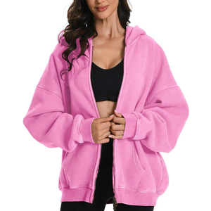 Sudadera con capucha rosa extragrande de manga larga con cremallera y hombros caídos para mujer, estilo casual y holgado con bolsillos, Colección 2026 - Product Image 4