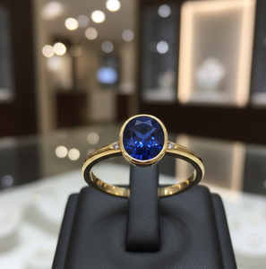 แหวนรูปไข่สีน้ำเงิน US 6 ขนาด 10x12 มม. น้ำหนัก 8 กรัม เงินแท้ 925 ชุบทอง 18K แหวนค็อกเทล แหวนสเตทเมนท์ งานแฮนด์เมด ของขวัญสำหรับผู้หญิง - Product Image 1