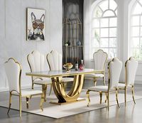 Table à manger rectangulaire moderne de luxe en marbre avec pieds en métal, chaises rembourrées bleu sarcelle, 6 places, finition dorée, bord brut imperméable, pour studio