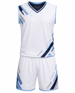 Ensemble de maillot de basket-ball personnalisé pour hommes, blanc et bleu, uni, avec nom d'équipe, sans manches, col en V, respirant, en mesh, uniforme athlétique - Product Image 1