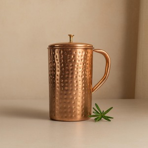 Copper Water <b>Jug</b> With Lid Hammered Finish Vintage Style 1500 ml Capacity Durable Metal Pitcher For <b>Drinks</b> Party Use - Product Image 4
