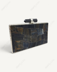 Clutch de Latón Azul Natural con Ojo de Tigre |   Minaudière de mosaico hecha a mano |   Moda nupcial de lujo, ecológica y ligera - Product Image 2