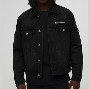 High Quality Distressed <b>Denim</b> Jacket Men Ripped Vintage Style Oversized Streetwear Casual Jean <b>Coat</b> - Product Image 5
