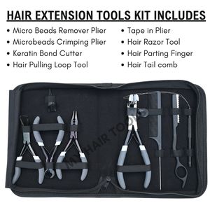 Kit d'outils tout-en-un pour extensions de cheveux noir, comprenant une pince à micro-perles, une pince à sertir à poignée en caoutchouc, un outil à boucles et un rasoir de coupe. - Product Image 2