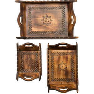 Ensemble de 3 plateaux de service marocains anciens en bois de sheesham sculpté à la main, plateaux de service à café en bois massif faits à la main avec poignées - Product Image 1
