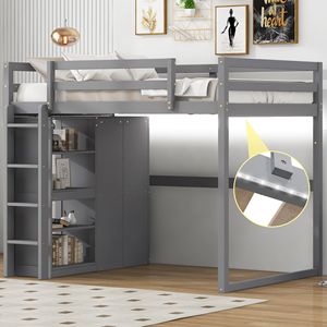 Letto a soppalco a LED grigio chiaro per bambini, in legno, con armadio integrato e mensole portaoggetti - Product Image 1