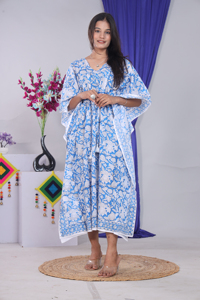Robe Kaftan en Coton 100% à Imprimé Floral Bleu pour Femme, Coupe Classique, Longueur Genou, Manches Courtes, Col en V, Formelle d'Hiver, Respirante - Product Image 2