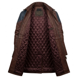 Manteau long en cuir véritable marron et bleu acier pour homme, avec poches contrastantes sur les épaules et col rabattable – Fournisseur B2B - Product Image 5